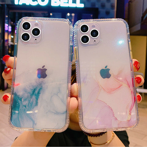For iPhone 12 mini 11 Pro Max XS SE Clear Case Glitter Bling Marble Bumper Cover