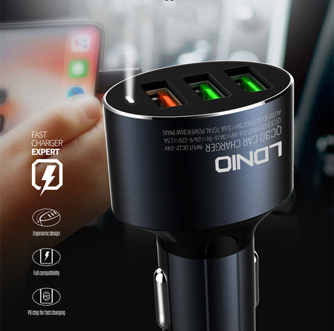 Fast Charging Car Charger 3 USB QC 3.0 For iPhone Samsung with Charging Cable