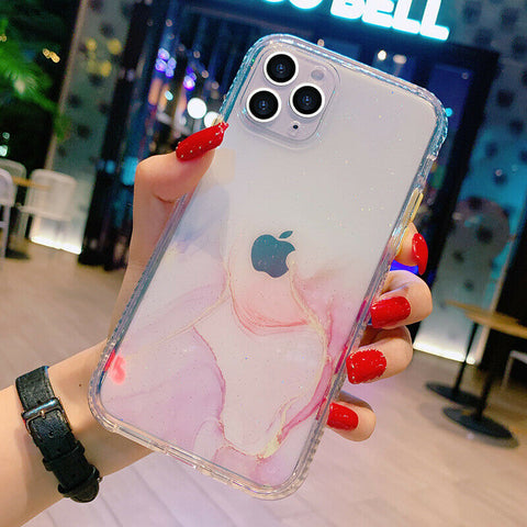 For iPhone 12 mini 11 Pro Max XS SE Clear Case Glitter Bling Marble Bumper Cover