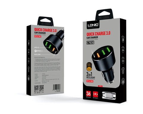 Fast Charging Car Charger 3 USB QC 3.0 For iPhone Samsung with Charging Cable